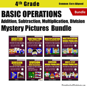 Grade 4 Basic Operations (Add, Subtract, Multiply, Divide) Mystery Pictures Coloring Worksheets / Task Cards