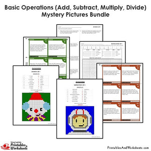 Grade 4 Basic Operations Mystery Pictures Coloring Worksheets / Task Cards - Sample 1