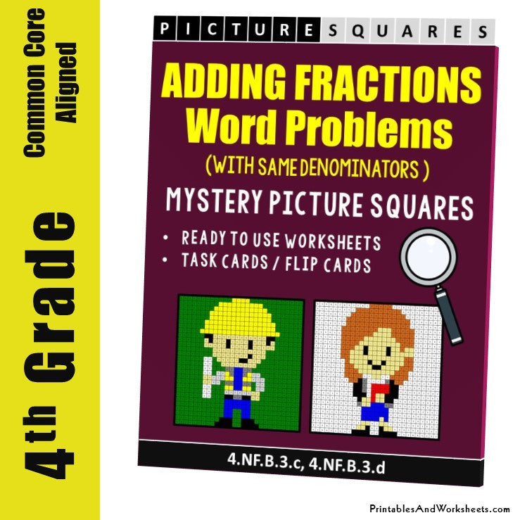 Grade 4 Adding Fractions Same Denominator Word Problems Mystery Pictures Coloring Worksheets/Task Cards