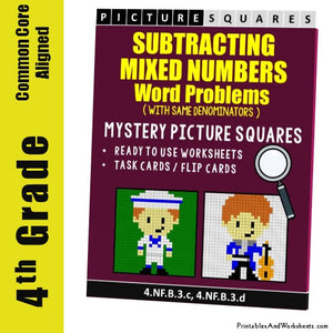 Grade 4 Subtracting Similar Mixed Numbers Word Problems Coloring Worksheets / Task Cards