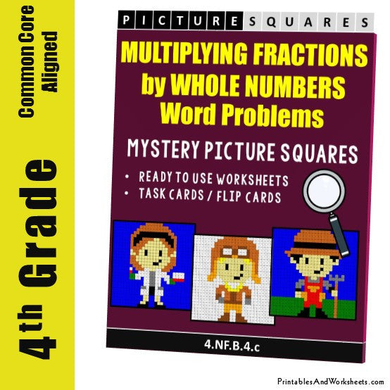 Grade 4 Multiplying Fractions by Whole Numbers Word Problems Coloring Worksheets / Task Cards