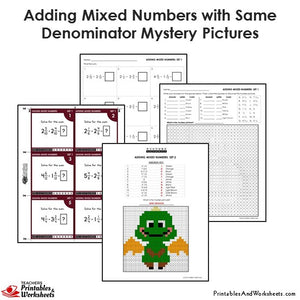 Grade 4 Adding Mixed Numbers with Same Denominator Coloring Worksheets/Task Cards - Dragon