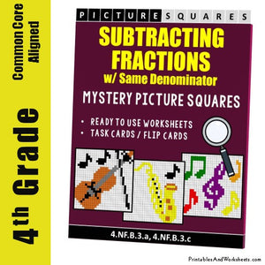 Grade 4 Subtracting Fractions Same Denominator Coloring Worksheets / Task Cards