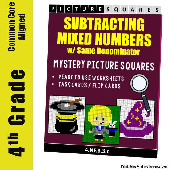 Grade 4 Subtracting Similar Mixed Numbers Coloring Worksheets / Task Cards