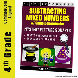 Grade 4 Subtracting Similar Mixed Numbers Coloring Worksheets / Task Cards