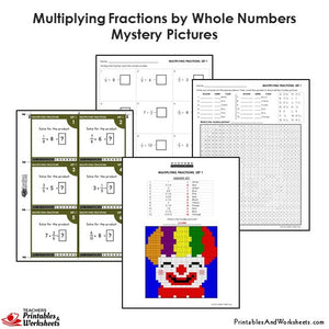 Grade 4 Multiplying Fractions by Whole Numbers Coloring Worksheets / Task Cards - Clown