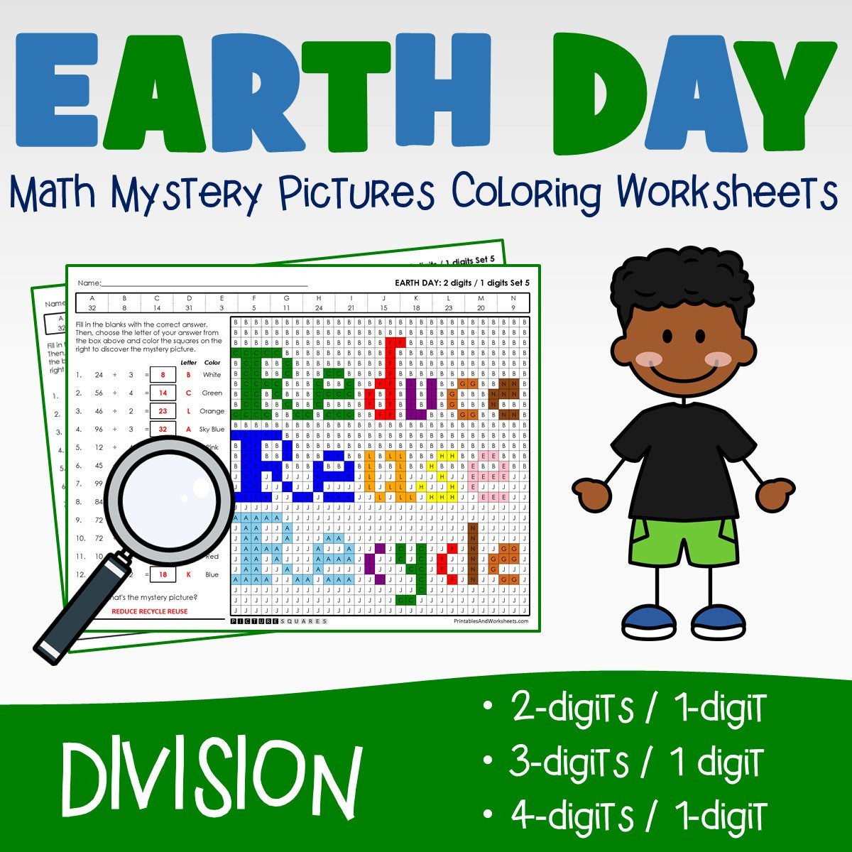Earth Day Division Coloring Worksheets