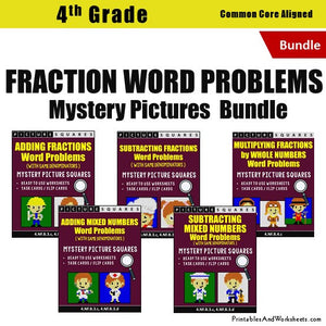 Grade 4 Fraction Word Problems Mystery Pictures Coloring Worksheets / Task Cards Bundle
