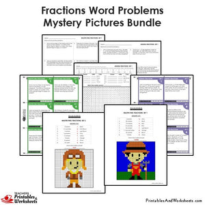 Grade 4 Fraction Word Problems Mystery Pictures Coloring Worksheets / Task Cards - Sample 1