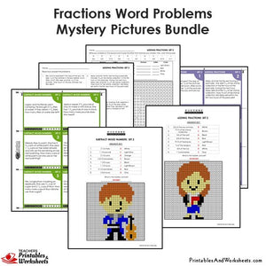Grade 4 Fraction Word Problems Mystery Pictures Coloring Worksheets / Task Cards - Sample 2