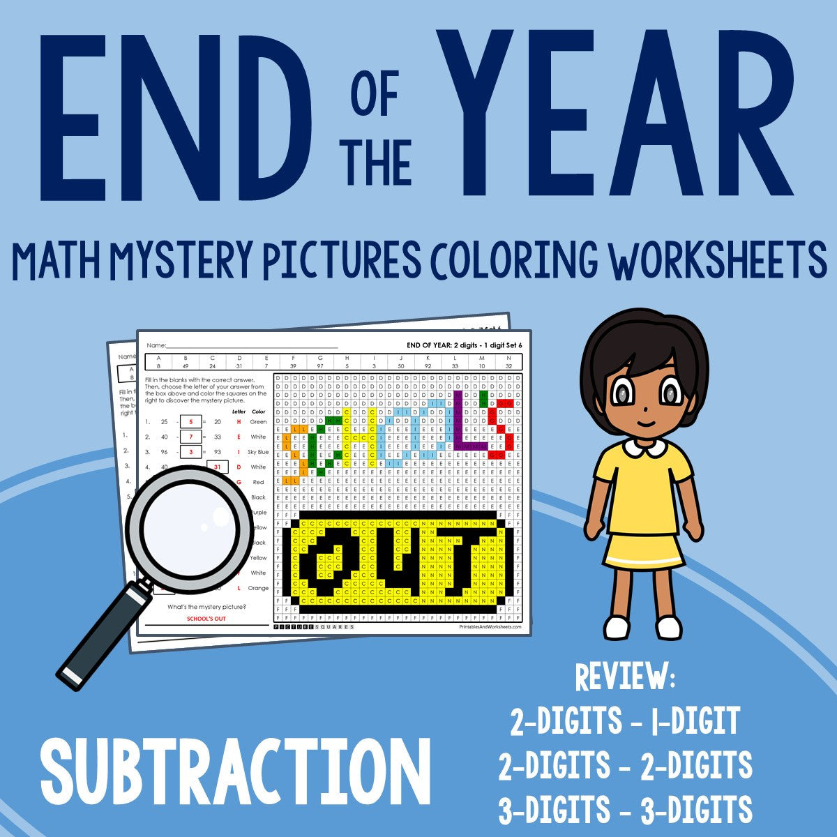 End of the Year Subtraction Coloring Worksheets