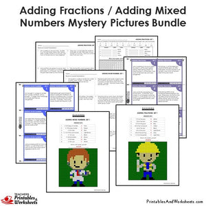 Grade 4 Adding Similar Fractions/Mixed Numbers Mystery Pictures Coloring Worksheets/Task Cards - Sample 1