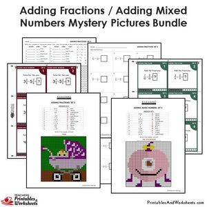 Grade 4 Adding Similar Fractions/Mixed Numbers Mystery Pictures Coloring Worksheets/Task Cards - Sample 2