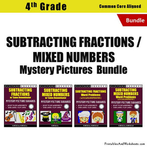 Grade 4 Subtracting Similar Fractions Mixed Numbers Mystery Pictures Coloring Worksheets / Task Cards