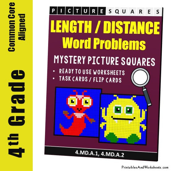 Grade 4 Length/Distance Word Problems Mystery Pictures Coloring Worksheets / Task Cards