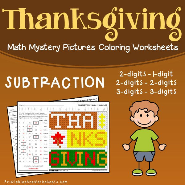 Thanksgiving Subtraction Coloring Worksheets