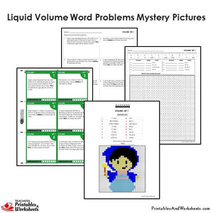 Grade 4 Liquid Volume Word Problems Mystery Pictures Coloring Worksheets / Task Cards - Fairy