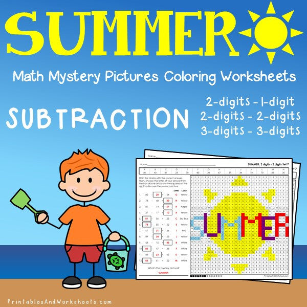 Summer Subtraction Coloring Worksheets