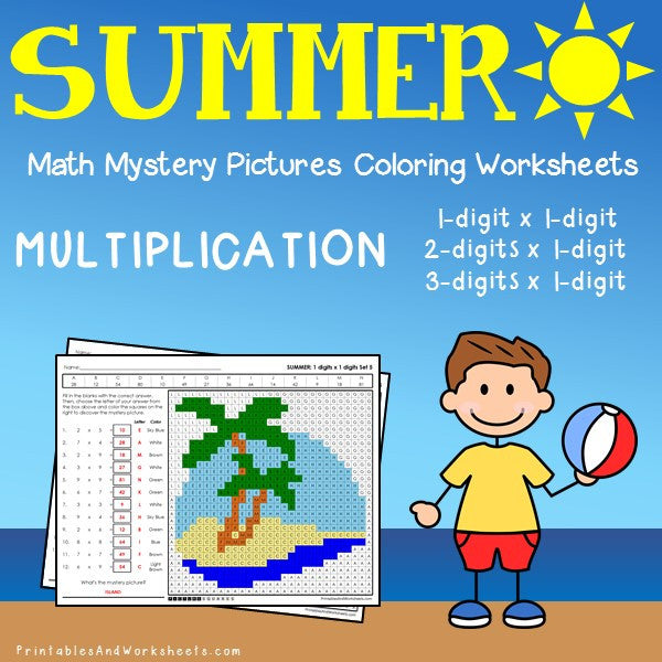 Summer Multiplication Coloring Worksheets