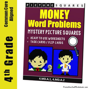 Grade 4 Money Word Problems Mystery Pictures Coloring Worksheets / Task Cards