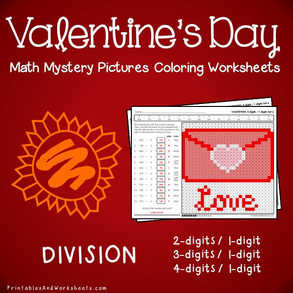 Valentine's Day Division Coloring Worksheets 