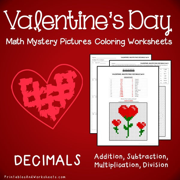 Valentine's Day Decimals Coloring Worksheets