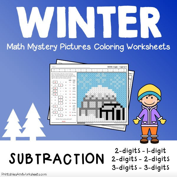 Winter Subtraction Coloring Worksheets