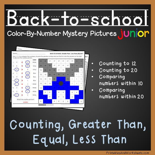 Back To School Color-By-Number - Counting to 20, Greater Than/Less Than