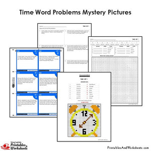 Grade 4 Time Word Problems Mystery Picture Coloring Worksheets / Task Cards - Clock