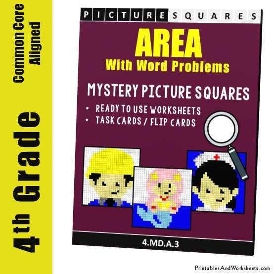 Grade 4 Area Word Problems Mystery Pictures Coloring Worksheets / Task Cards