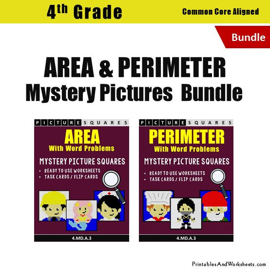 Grade 4 Area and Perimeter Mystery Pictures Coloring Worksheets / Task Cards