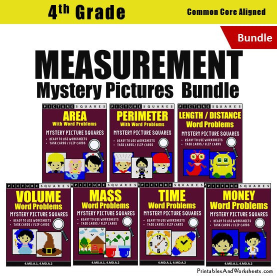 Grade 4 Measurement Word Problems Mystery Pictures Coloring Worksheets / Task Cards
