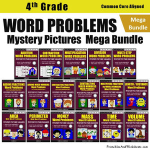 Grade 4 Word Problems Mystery Pictures Coloring Worksheets / Task Cards