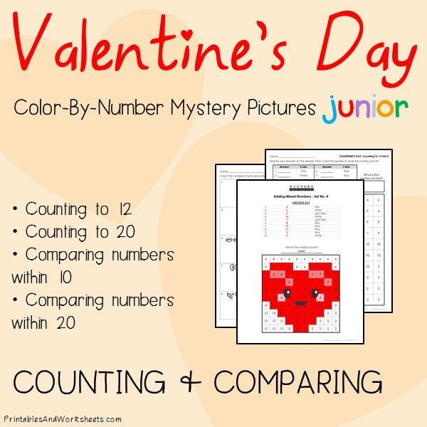 Valentine's Day Color-By-Number: Counting to 20, Greater Than/Less Than