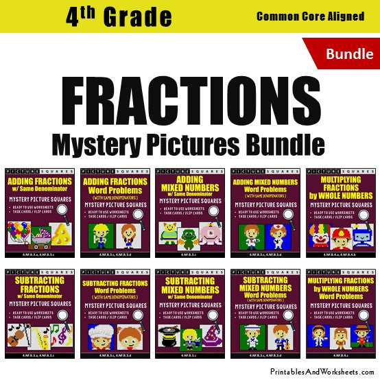 Grade 4 Fractions Mystery Pictures Coloring Worksheets / Task Cards