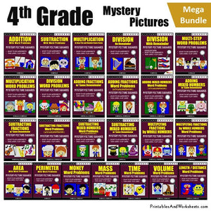 Grade 4 Math Mystery Pictures Coloring Worksheets / Task Cards