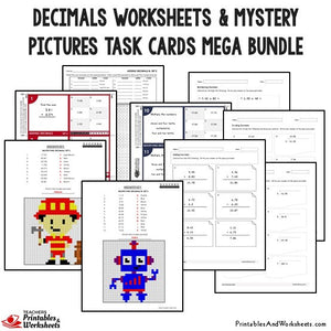 Decimals Worksheets and Mystery Picture Task Cards Mega Bundle Sample 1