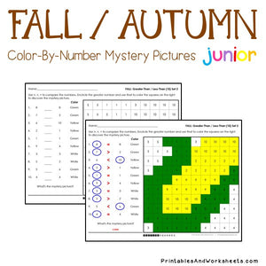 Fall/Autumn Color-By-Number: Counting to 20, Greater Than/Less Than